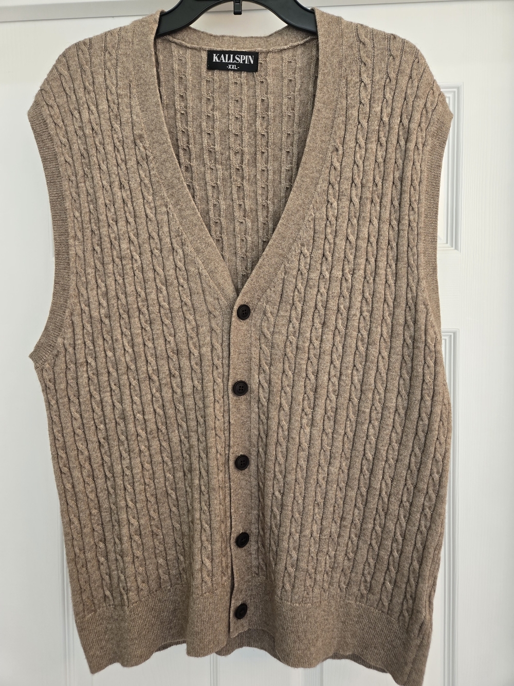 Kallspin Cable Knit Button-Front Vest in Light Taupe XXL Cashmere Wool Men
